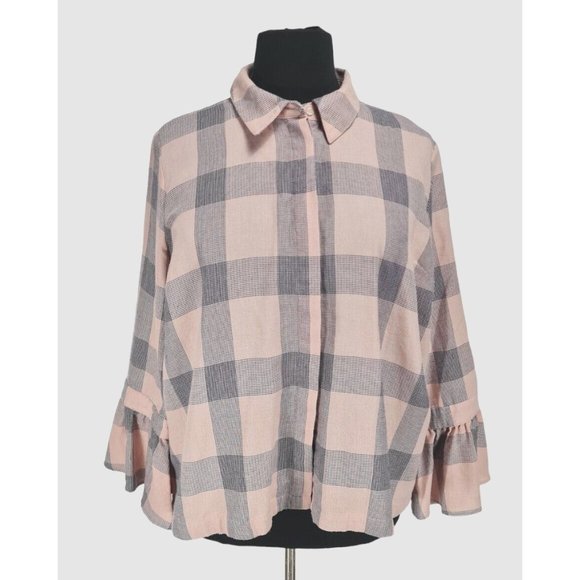 LANE BRYANT Womens Button Up Top Long Bell Sleeve Shirt Plus Size 20 Plaid  B6P - Picture 1 of 7